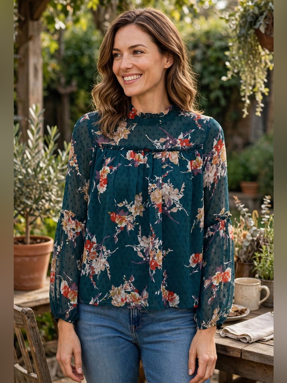 Japna Women’s Medium Teal Floral Sheer Ruffle Blouse Boho Long Sleeve